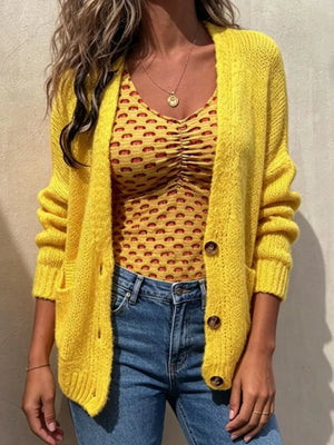 Full Size Chunky Knit Button-up Cardigan Plus Size in Yellow, side view