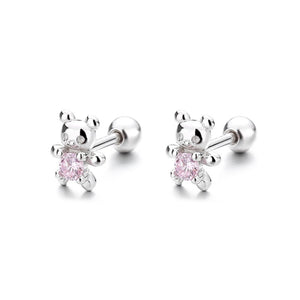 Silver bear stud earrings with pink zircon stone detail.