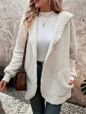 Textured chevron hooded cocoon coat in ivory with a relaxed fit and open front.