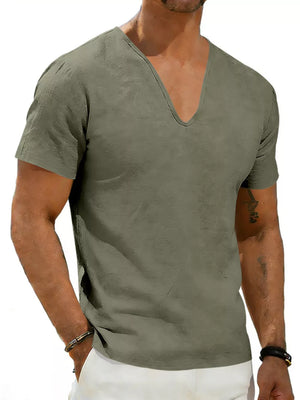 Men's Army Green V-neck Linen T-Shirt with short sleeves and a relaxed fit.