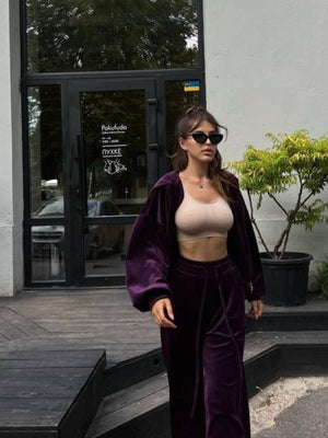 Plush velour lounge set in Violet, featuring wide leg pants and a zip-up jacket.