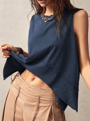 Navy raw edge tank top with asymmetric hemline and casual styling.