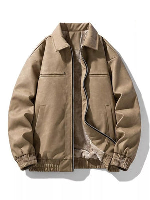 Oversized caramel fleece lined zip jacket with collar and elastic cuffs.