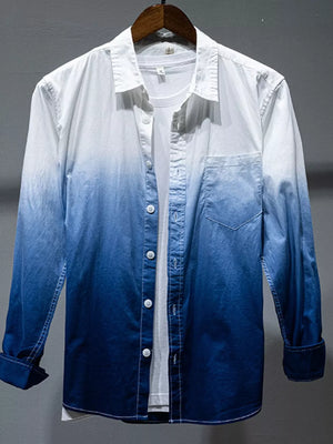 Men's gradient blue long sleeve cotton button-down shirt with pocket