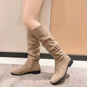 Khaki suede slouchy mid-calf boots with block heel
