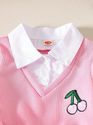 Pink baby set with white collar, button front, and cherry embroidery.