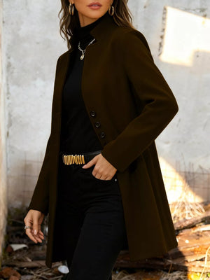 Chic longline trench coat in chocolate with button-down front and collarless neckline.