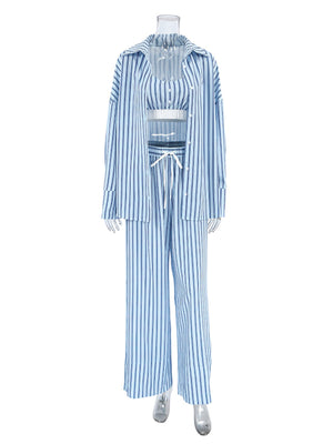 Blue and white striped three-piece pajama set with cami, button-up shirt, and wide-leg pants.