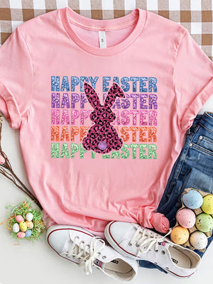 Pink t-shirt with leopard print bunny graphic and glitter "Happy Easter" text.