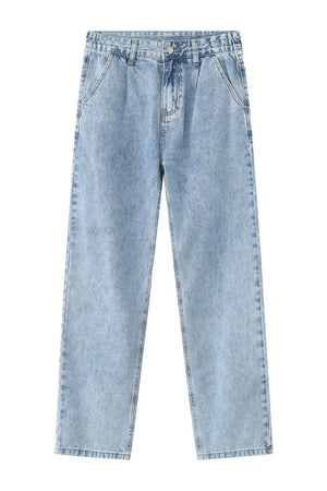 Medium wash denim wide-leg trousers with pleats and front pockets.