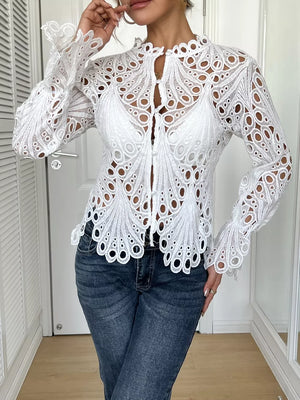 White lace button-up blouse with scalloped collar and bell sleeves