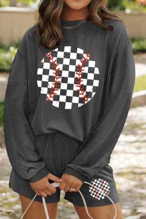 Dark gray ribbed loungewear set with baseball graphic on top and shorts.