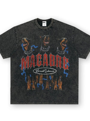 Graphic dog statement t-shirt in dark gray cotton blend with red "MACABRE" text and blue accents.