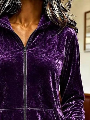 Velvet Zip-up Hoodie in Burgundy, back view
