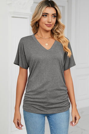Dark Gray V-neck tee with short dolman sleeves and ruched sides.