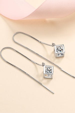 Silver geometric cube threader earrings with clear cubic zirconia stones