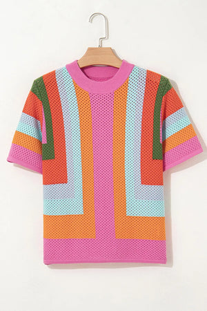 Multicolor geometric stripe openwork knit top with short sleeves and crew neck.