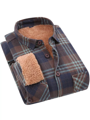 Men's plaid button-up shirt with sherpa lining and chest pocket.
