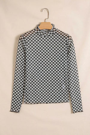 Plaid Stand Neck Long Sleeve Mesh Top, fabric detail