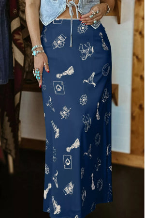 Blue satin maxi skirt with western print and draping