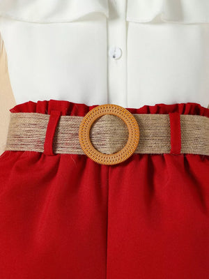 Toddler ruffled set in Wine Red with belted waist and white top detail.