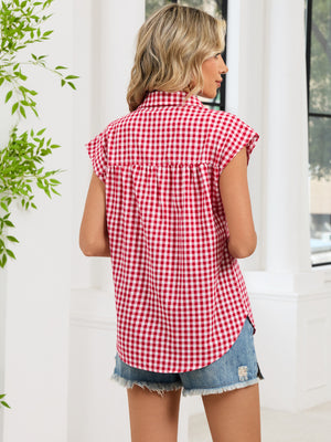 Plaid Button Up Cap Sleeve Shirt in Blue, alternate angle