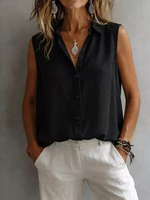 Black sleeveless button-up shirt with a collared neckline and button closure.