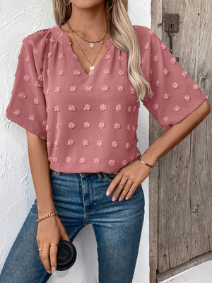 Dusty Pink Swiss Dot Blouse with V-neck and flutter sleeves