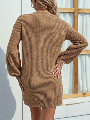 Camel ribbed knit mini dress with balloon sleeves and button front detail.