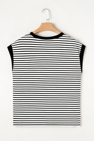 Black and white striped t-shirt with black trim and cap sleeves.