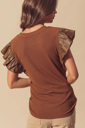 Brown ribbed top with faux leather ruffle sleeves