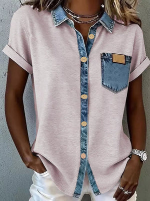 Pink heathered short sleeve maternity shirt with denim collar, placket, and pocket.