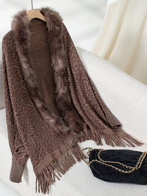 Brown leopard print knit cardigan with faux fur trim and fringe.