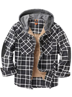 Men's grey and black plaid hooded flannel jacket with sherpa lining and elbow patches.