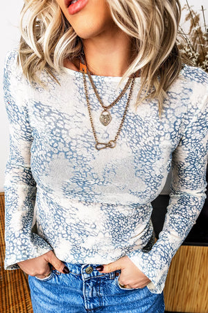 Long Sleeve Leopard Print Round Neck Sheath Top in Light Blue, close-up detail