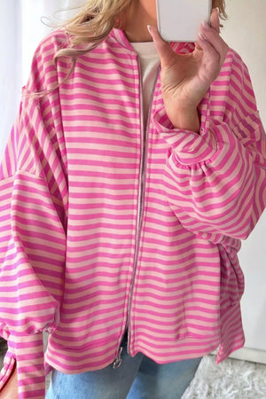 Striped Zip-up Loose Fit Hoodie in Pink, back view