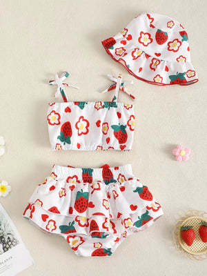 Baby strawberry print set with ruffled bloomers and bucket hat.