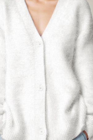 White fluffy angora v-neck button cardigan