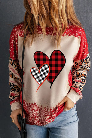Plaid Heart Graphic Leopard Sleeve Sweatshirt in Deep Red with bleach-splatter detail.