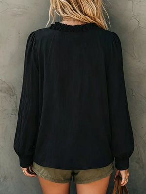 Frill V-neck Long Sleeve Blouse in White, product detail