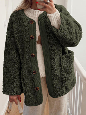 Black Forest teddy-texture button-up jacket with corduroy trim and pockets