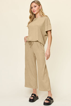 Khaki waffle knit lounge set with drawstring pants and short sleeve top