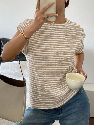 Full Size Striped Round Neck Short Sleeve T-shirt, side view