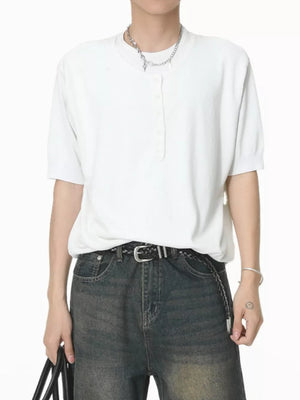 White short sleeve henley t-shirt with button placket and crew neck.