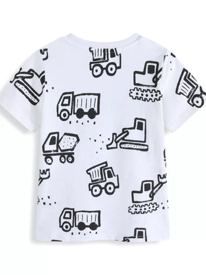 White cotton kids' t-shirt with black construction vehicle print.
