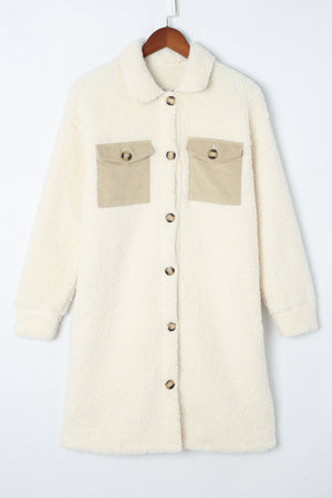 Beige sherpa coat with corduroy patch pockets and button front.