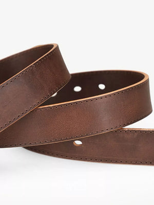 Brown cowhide leather belt with gold accents and visible stitching.