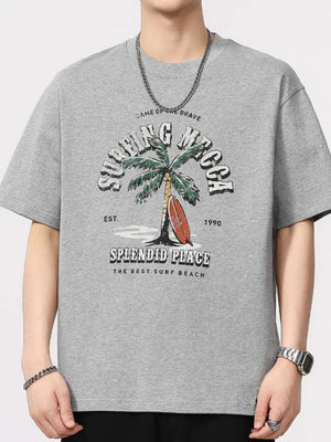 Grey cotton blend graphic tee for men with vintage palm tree and surfboard print.