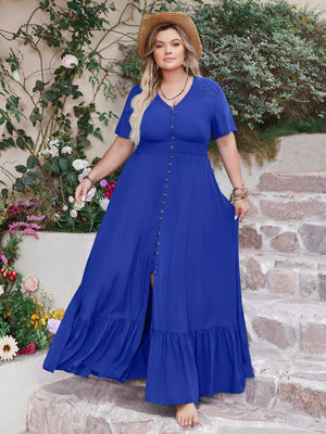 Blue V-neck maxi dress with short sleeves, button front, smocked waist, and ruffled hem.