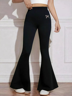 Black flared high-waist active pants with pink bow emblem detail.